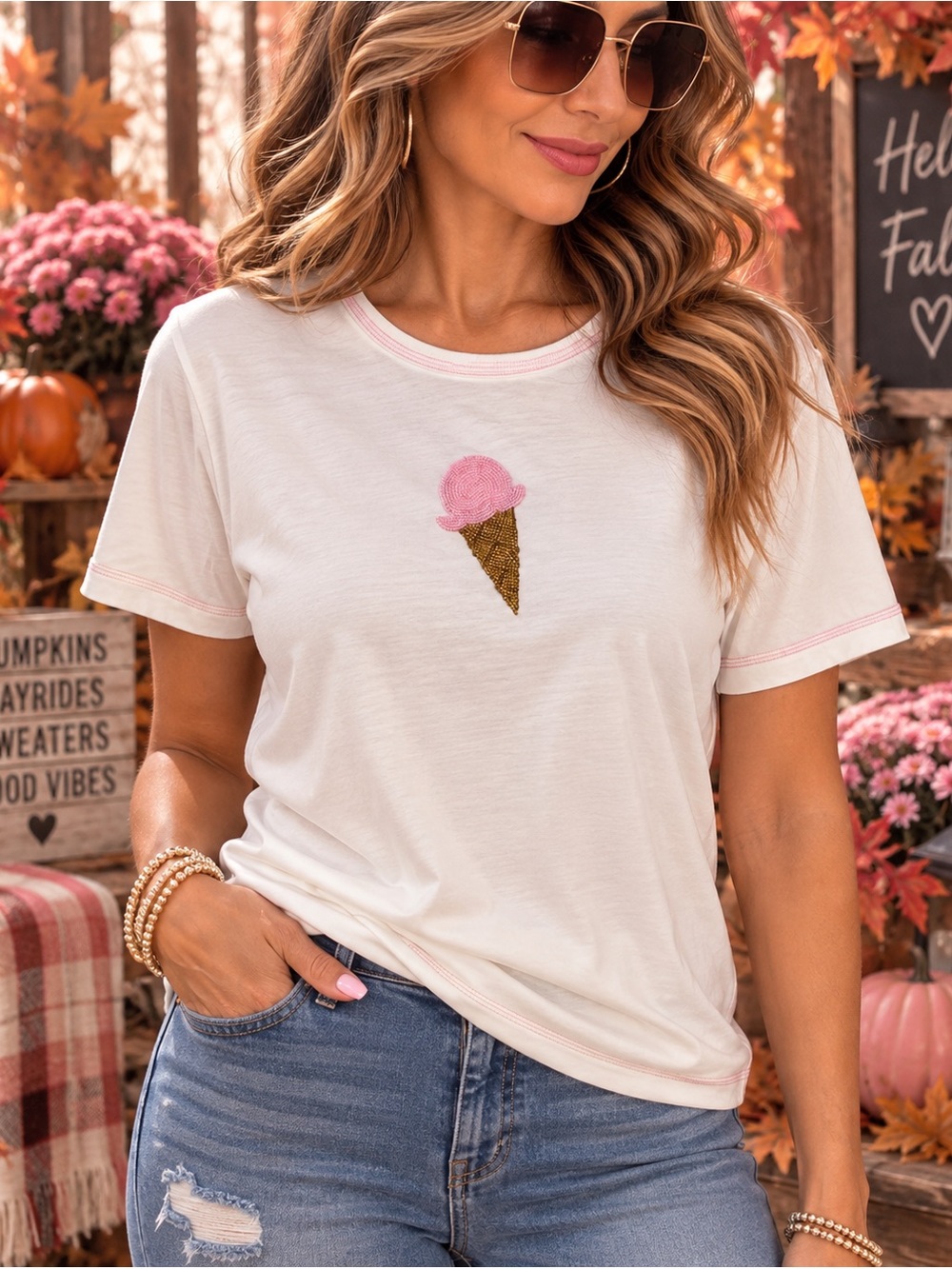 Quacker Factory White Pink Beaded Ice Cream Cone Embellished T-Shirt M